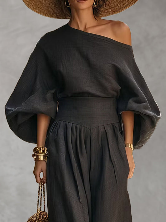 Solid Color Three-quarter Sleeves Puff Sleeves One-shoulder Blouses&shirts Tops