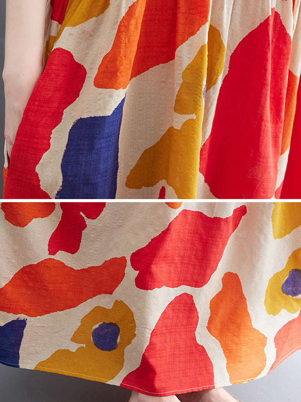 Künstlerische Retro-Kurzarm-Midikleider mit lockerem Kontrastfarbdruck und Rundhalsausschnitt 