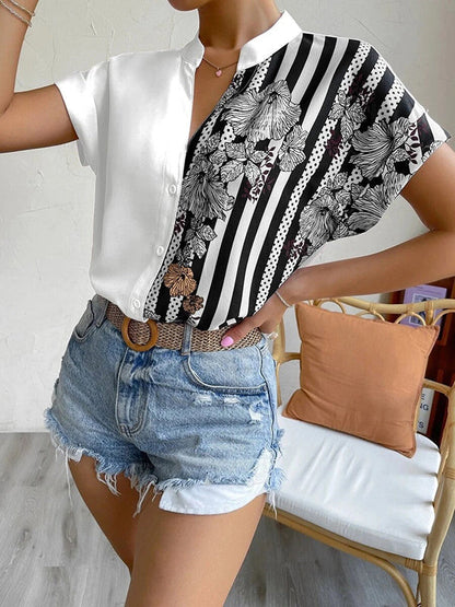 Loose Short Sleeves Buttoned Contrast Color Flower Print Striped V-Neck Blouses&Shirts Tops