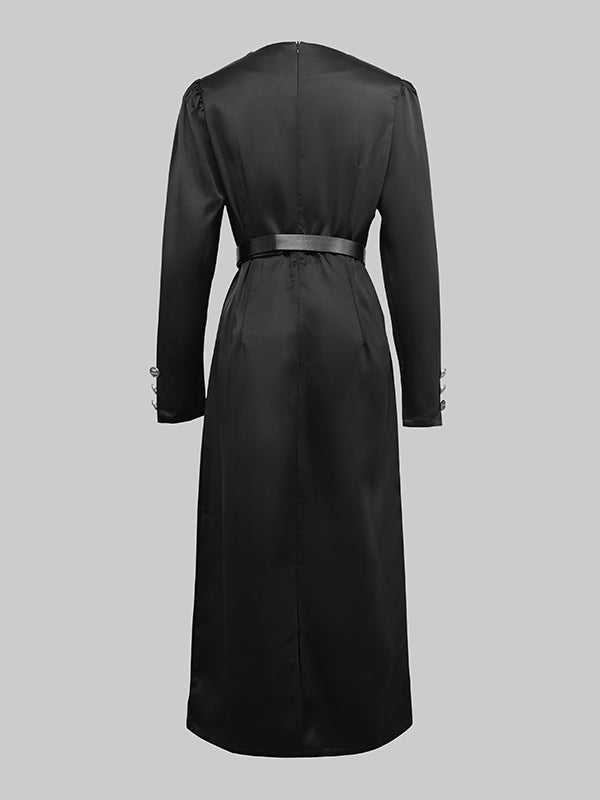 Lange Ärmel, Puffärmel, geknöpft, einfarbig, tiefer V-Ausschnitt, Midikleider 