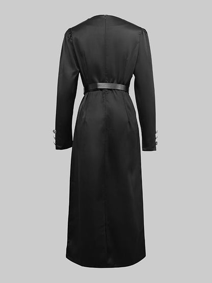 Lange Ärmel, Puffärmel, geknöpft, einfarbig, tiefer V-Ausschnitt, Midikleider 