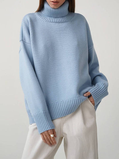 High-Low Long Sleeves Solid Color Split-Joint High Neck Sweater Tops