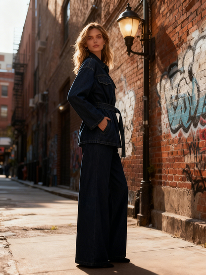 Long Sleeves Loose Belted Buttoned Pockets Solid Color Lapel Blouses&Shirts Tops