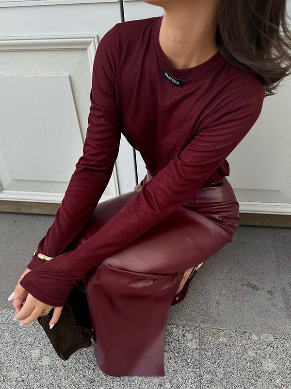 Jupe moulante taille haute plissée de couleur unie avec dos fendu 