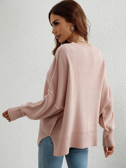 Casual Long Sleeves Loose Split-Side Solid Color Round-Neck Sweater Tops