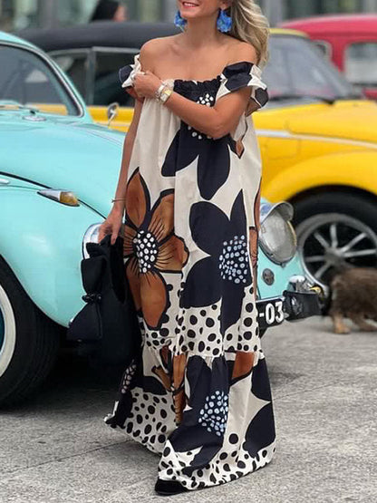 Loose Short Sleeves Flower Print Split-Joint Off-The-Shoulder Maxi Dresses
