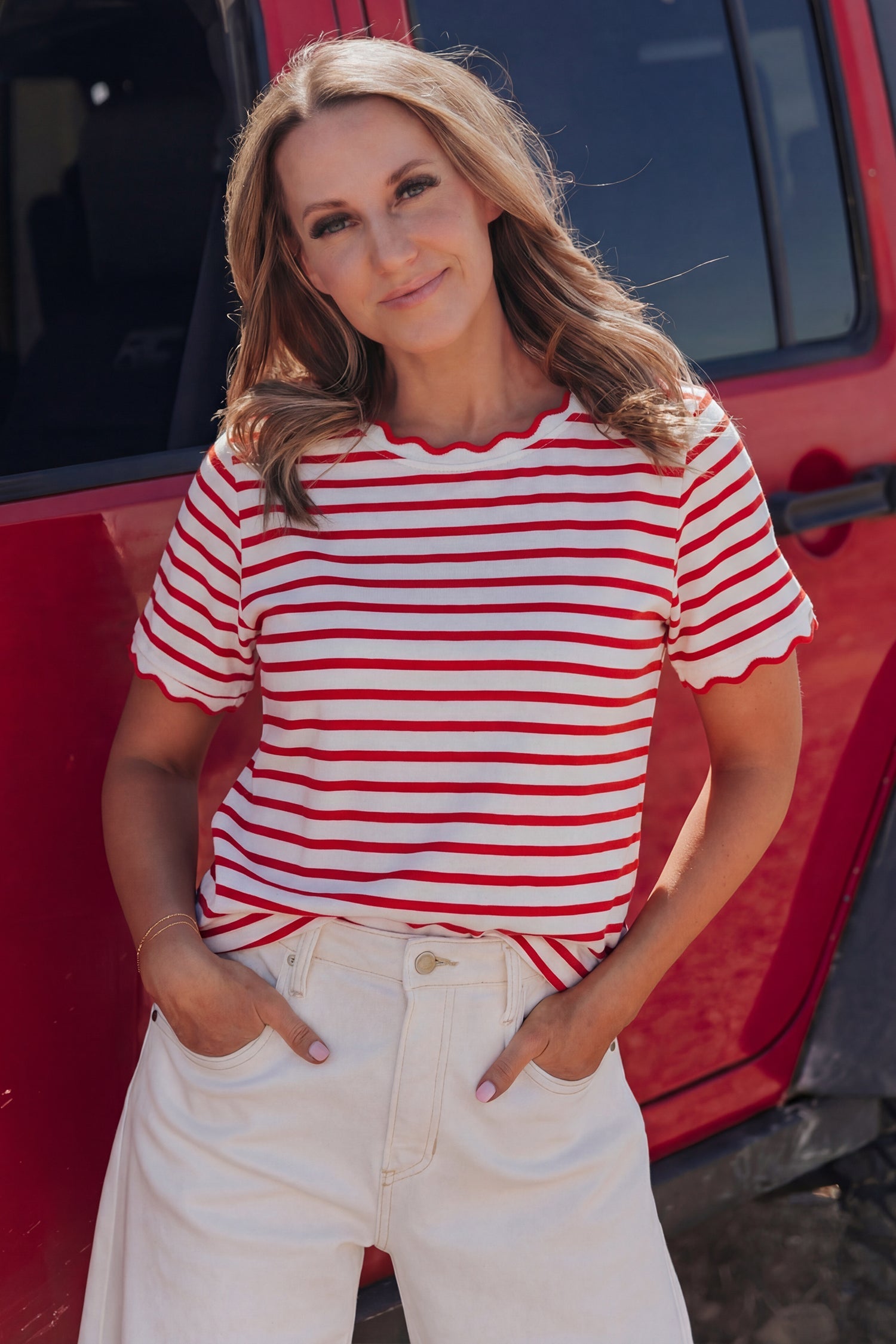 Green Stripe Scalloped Trim Round Neck T Shirt