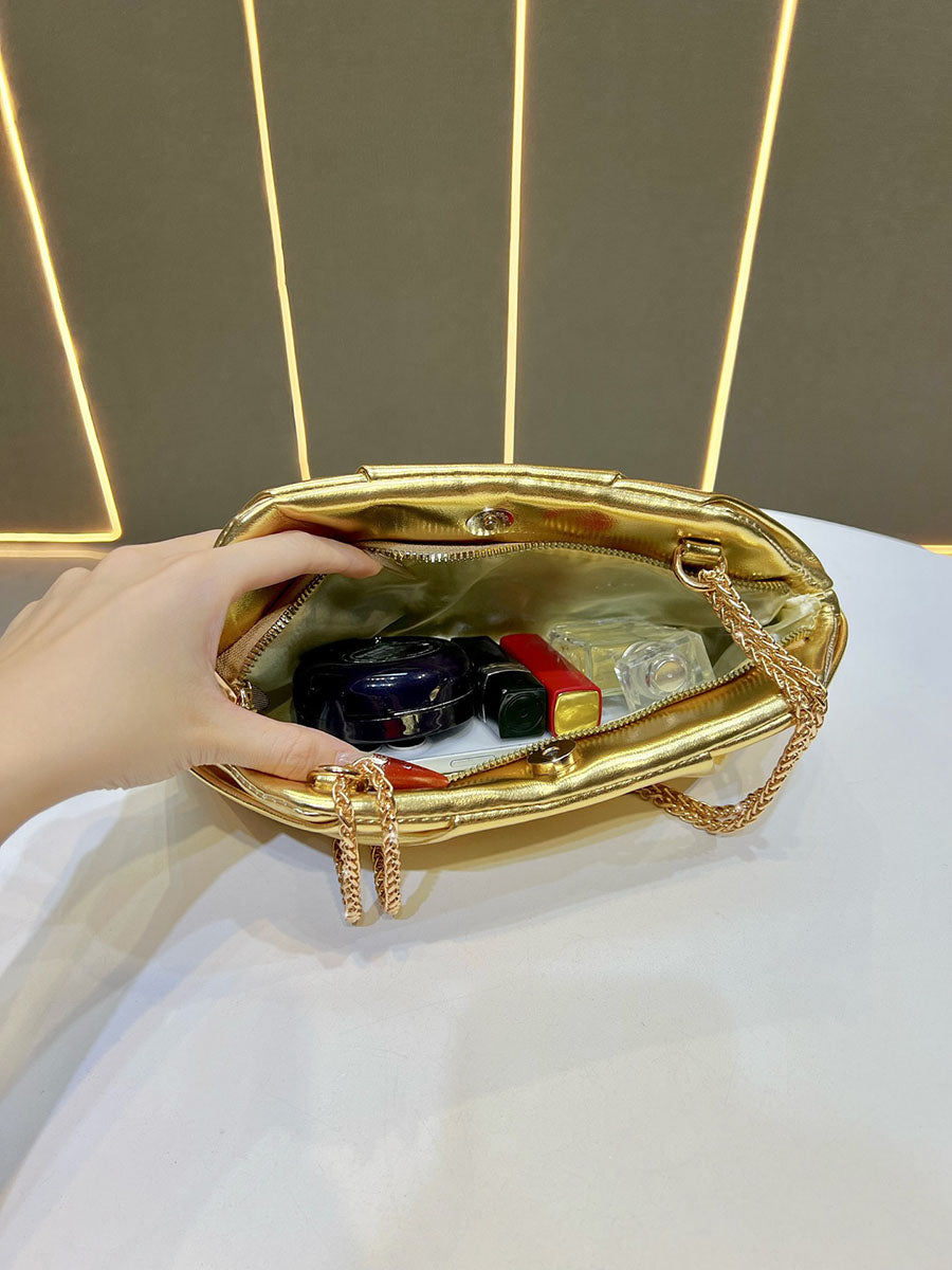 Chains Pleated Solid Color Zipper Evening Bags & Clutches Shoulder Bags