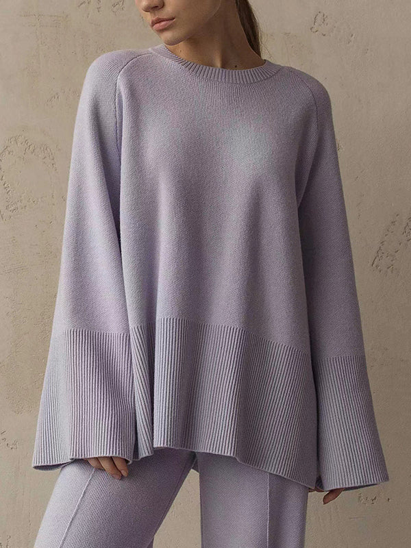Casual Long Sleeves Loose Solid Color Round-Neck Sweater Tops & Wide Leg Pants Two Pieces Set