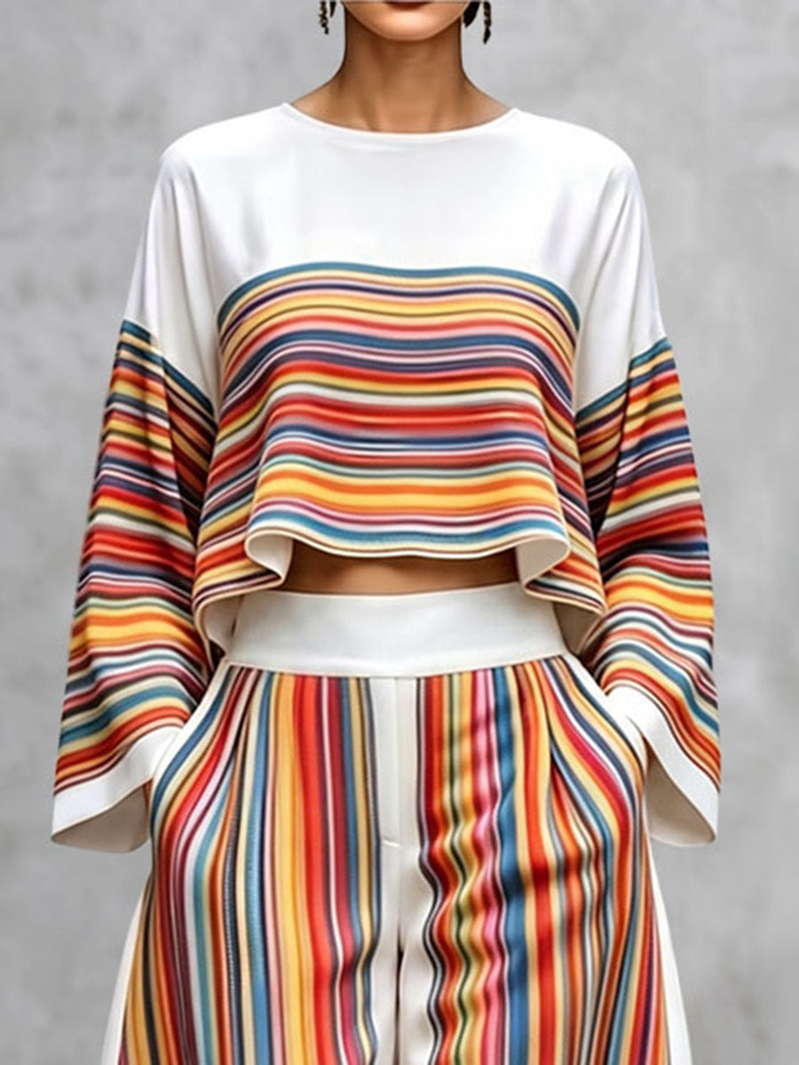Striped Contrast Color Colorful Long Sleeves Flared Sleeves Round-neck Blouses&shirts Tops