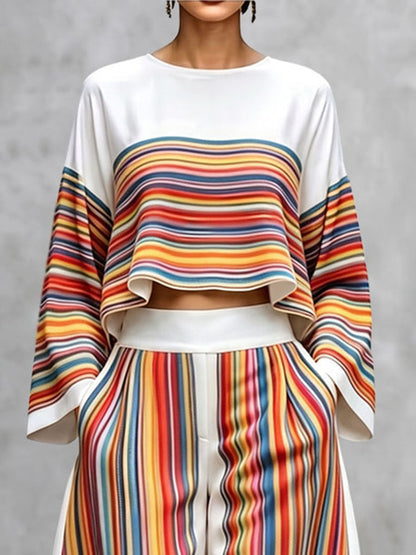 Striped Contrast Color Colorful Long Sleeves Flared Sleeves Round-neck Blouses&shirts Tops