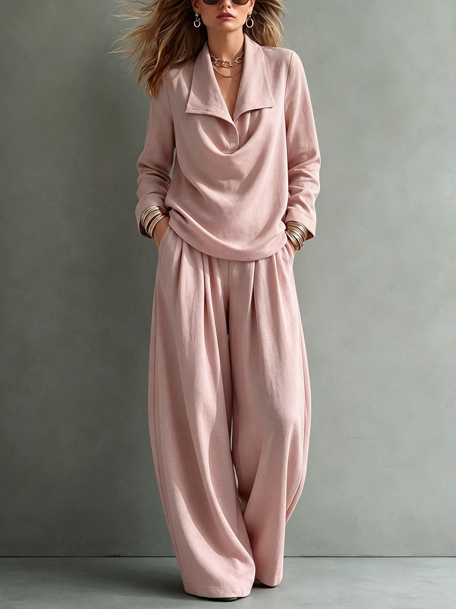 Solid Color Lapel Long Sleeves Blouses&shirts Tops + High Waisted Pleated Pockets Pants Trousers Two Pieces Set