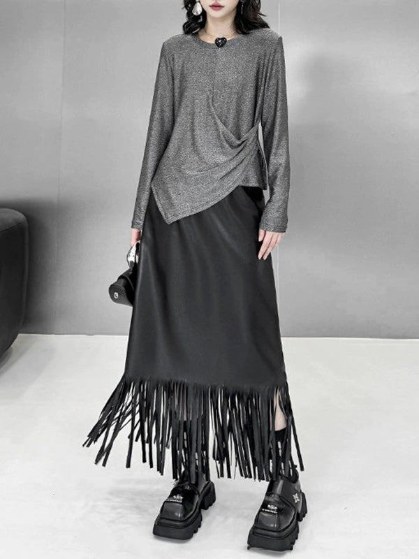 Hipster Long Sleeves Asymmetric Solid Color Round-Neck T-Shirts Tops