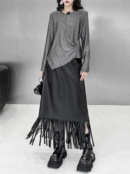 Hipster Long Sleeves Asymmetric Solid Color Round-Neck T-Shirts Tops