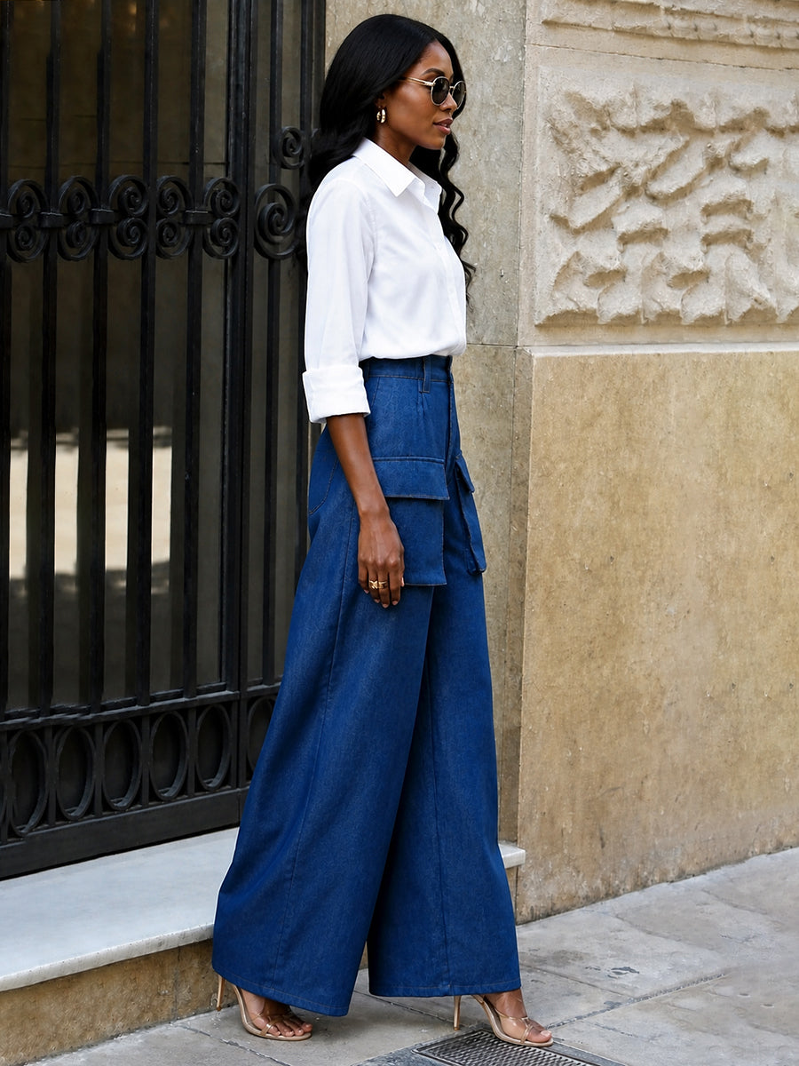 Zipper Solid Color Pockets Buttoned Wide Leg High Waisted Trousers Pants