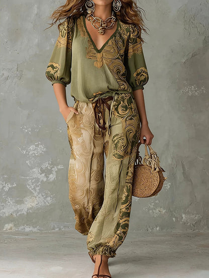 Contrast Color Printed V-Neck Half Sleeves Blouses&Shirts Tops + High Waisted Tied Waist Pockets Pants Trousers Two Pieces Set