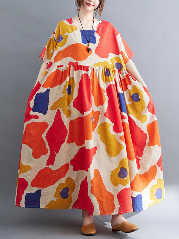 Künstlerische Retro-Kurzarm-Midikleider mit lockerem Kontrastfarbdruck und Rundhalsausschnitt 