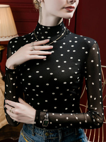 Long Sleeves Plus Size Polka-Dot Mock Neck T-Shirts Tops