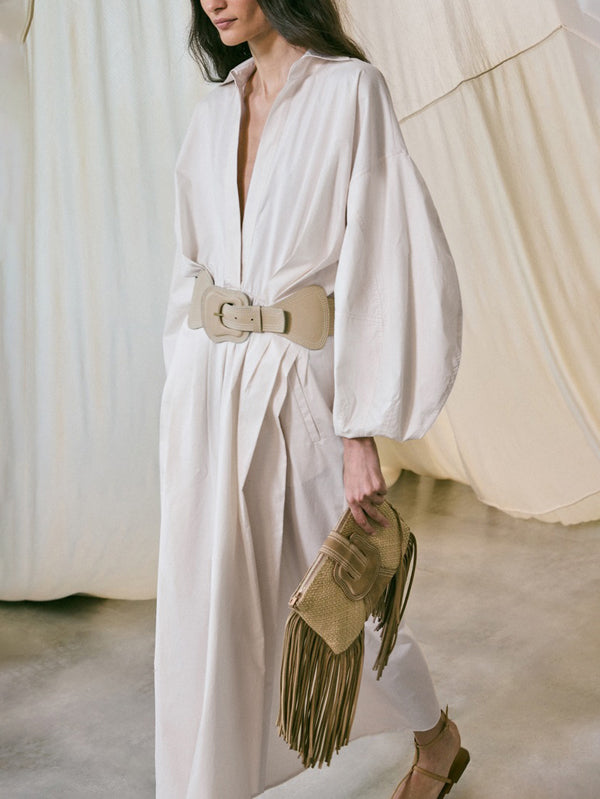 Long Sleeves Loose No Belt Solid Color V-Neck Maxi Dresses