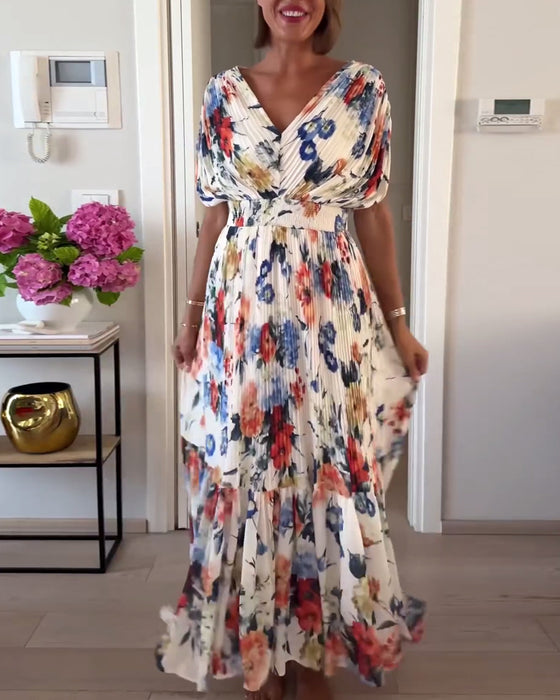 Colorful floral print pleated dress
