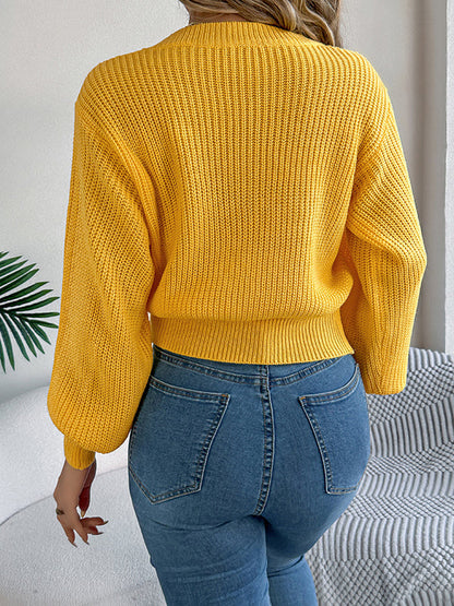 Elasticated Waist Long Sleeves Cable Knit Solid Color Round-Neck Knit Top Sweater Tops