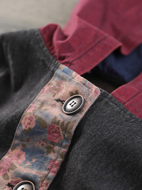 Gilet à capuche sans manches en denim ample et boutonné de couleur contrastée, style rétro artistique 