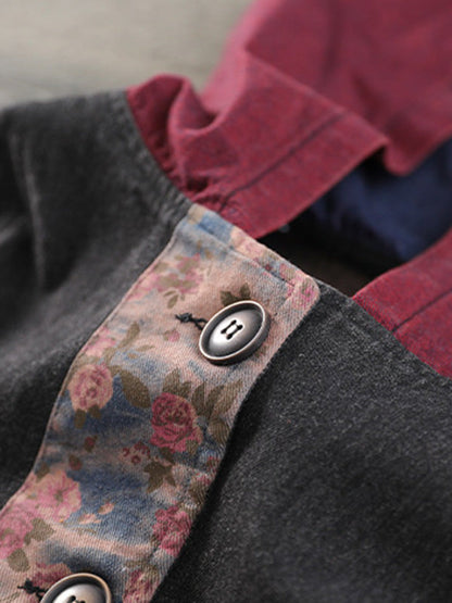 Gilet à capuche sans manches en denim ample et boutonné de couleur contrastée, style rétro artistique 