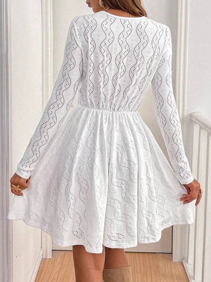 High Waisted Long Sleeves Hollow Lacy Solid Color Split-Joint V-Neck Mini Dresses