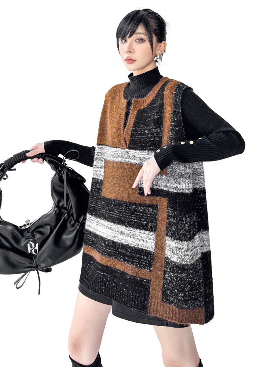 Loose Sleeveless Contrast Color Geometric Split-Joint Striped V-Neck Outerwear Vest Top