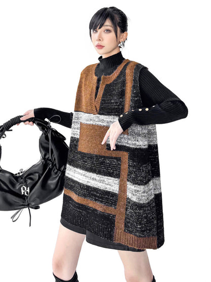 Loose Sleeveless Contrast Color Geometric Split-Joint Striped V-Neck Outerwear Vest Top