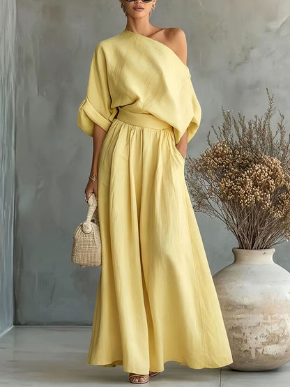 Loose Solid Color One-Shoulder Blouses&Shirts Tops + High Waisted Pleated Pockets Pants Trousers Two Pieces Set