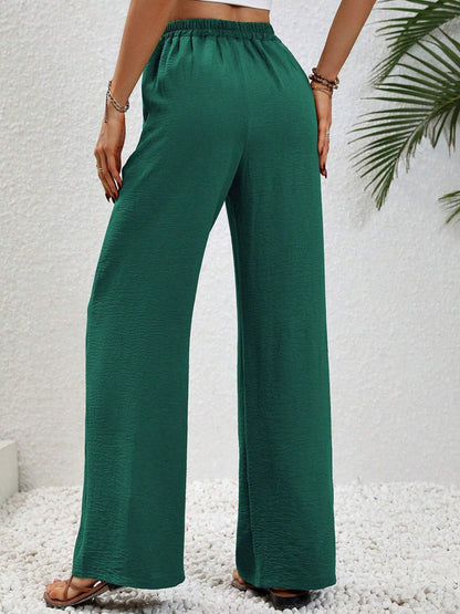 High Waisted Loose Elasticity Pleated Solid Color Tied Waist Pants Trousers