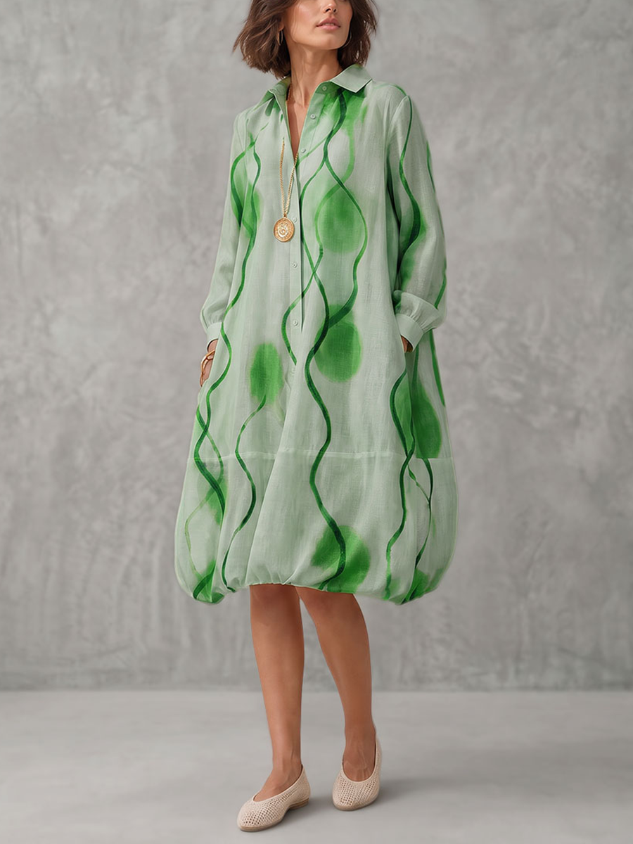 Printed Pockets Elasticity Contrast Color Buttoned Loose Long Sleeves Lapel Midi Dresses