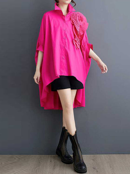 Batwing Sleeves Half Sleeves Asymmetric Buttoned Pleated Solid Color Three-Dimensional Flower Lapel Blouses&Shirts Tops