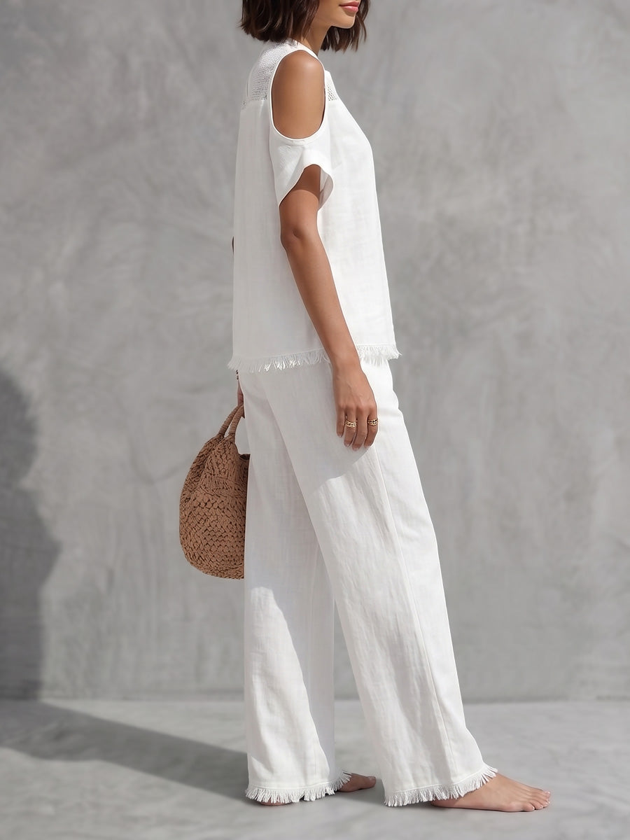 Fringed Cold Shoulder Half-Zip Solid Color Short Sleeve Blouses&Shirts Tops + Pants Bottoms Trousers Two Pieces Set