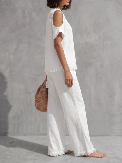 Fringed Cold Shoulder Half-Zip Solid Color Short Sleeve Blouses&Shirts Tops + Pants Bottoms Trousers Two Pieces Set