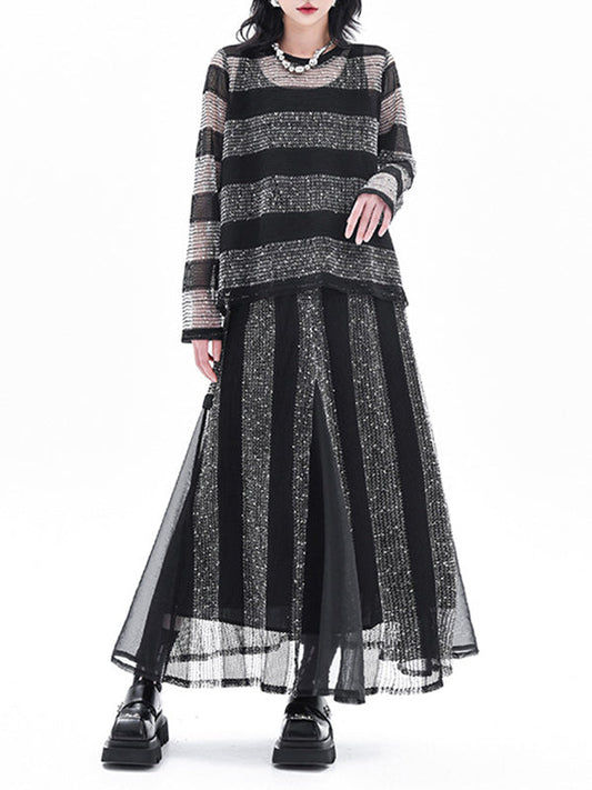 Striped Contrasting Color Elastic Round-Neck  Long-Sleeved See-Through Blouses&Shirts Tops+ Skirt Bottom Two Pieces Set