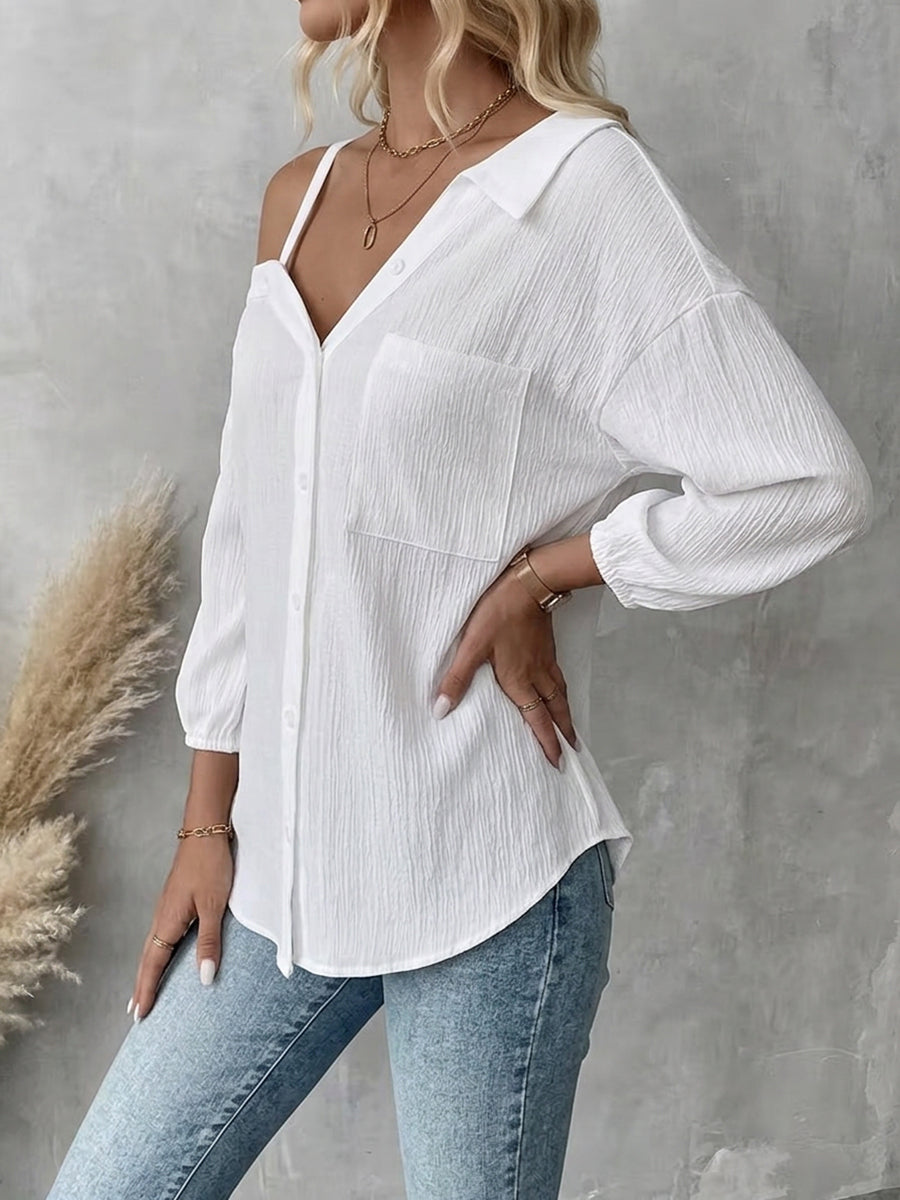 Long Sleeves Loose Buttoned Pockets Solid Color One-Shoulder Blouses&Shirts Tops