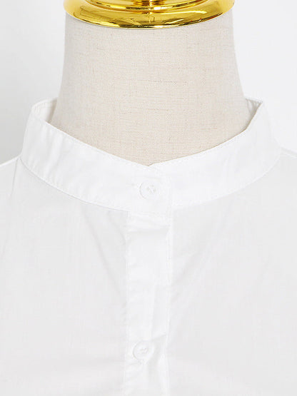 Stylish Loose Long Sleeves Buttoned Falbala Belted Solid Color Stand Collar Blouses&Shirts Tops