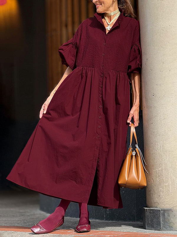 Half Sleeves Loose Buttoned Pleated Solid Color Tied Waist Stand Collar Maxi Dresses