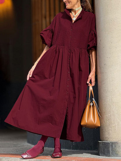 Half Sleeves Loose Buttoned Pleated Solid Color Tied Waist Stand Collar Maxi Dresses