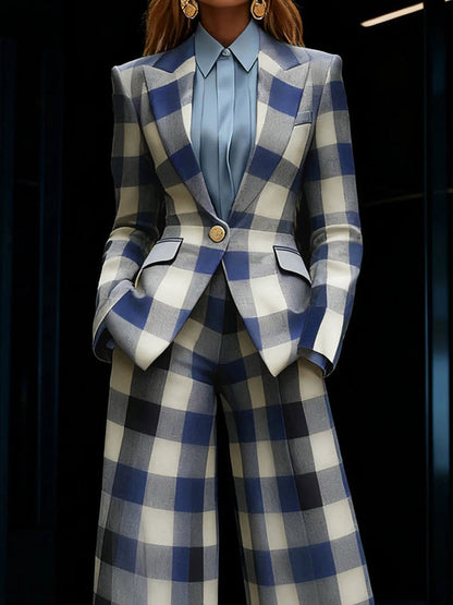 Long Sleeves Loose Buttoned Contrast Color Plaid Pockets Notched Collar Blazer Outerwear