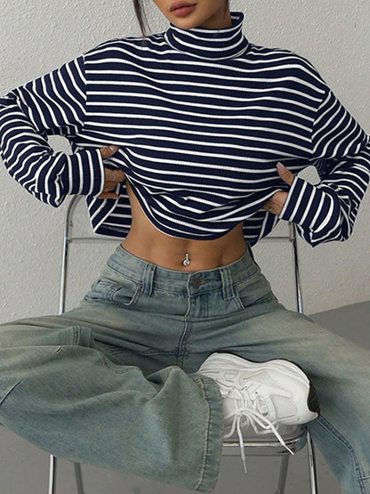 Long Sleeves Loose Contrast Color Split-Joint Striped High Neck T-Shirts Tops