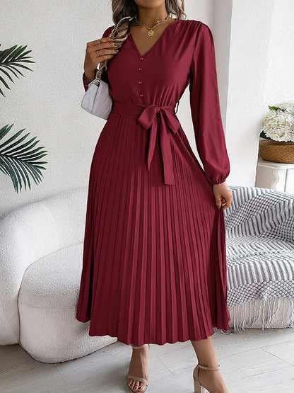 High Waisted Long Sleeves Belted Buttoned Pleated Solid Color V-Neck Maxi Dresses