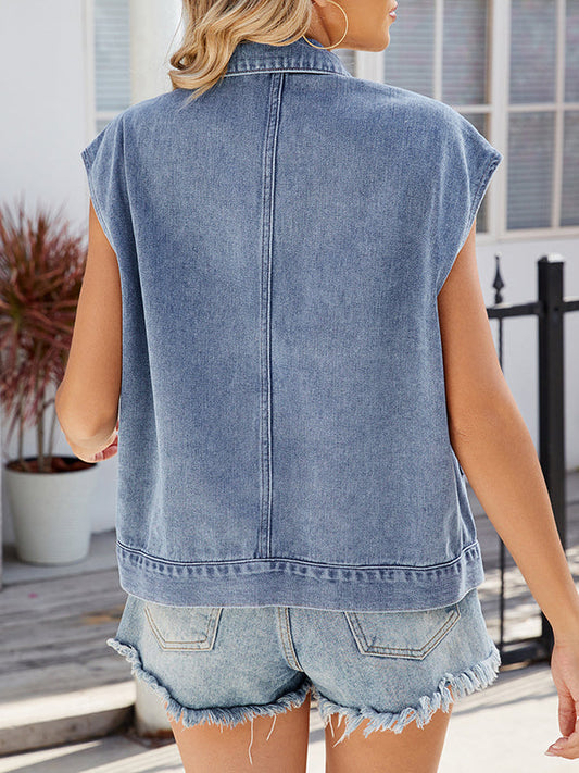 Loose Sleeveless Buttoned Pockets Lapel Vest Outerwear