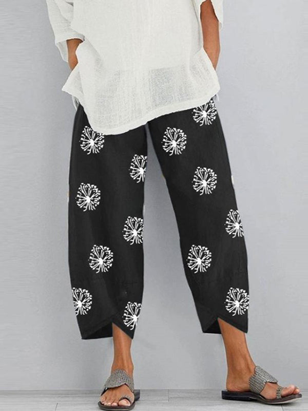 Loose Flower Print Pockets Split-Joint Pants Trousers BLACK