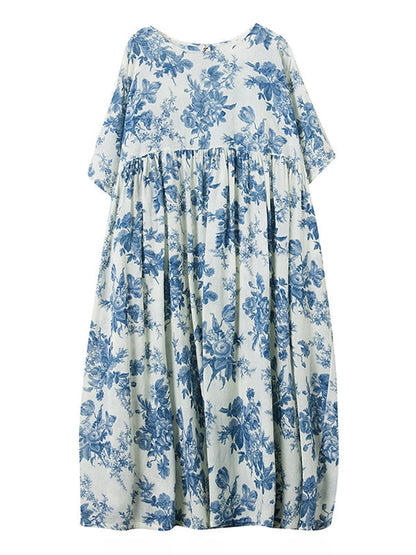 Loose Short Sleeves Floral Printed Pleated Split-Joint Round-Neck Midi Dresses