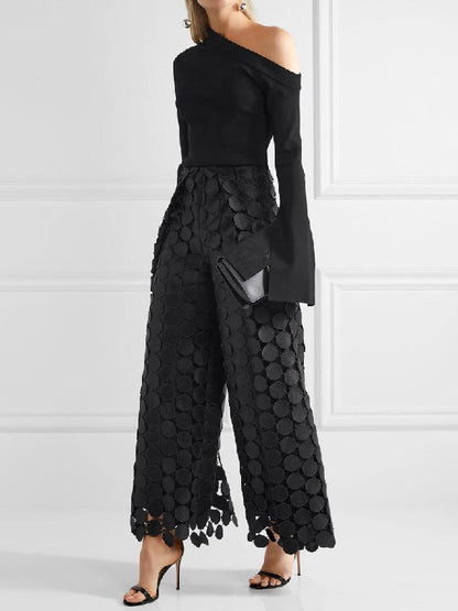 Solid Color Polka Dot Hollow Wide Leg High Waisted Trousers Pants