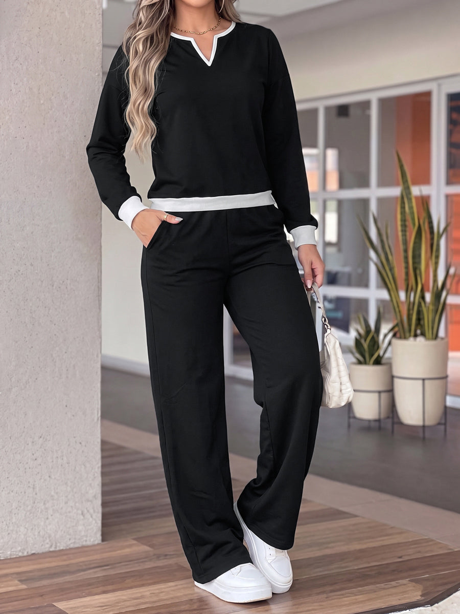 Pockets Drawstring Contrast Color Long Sleeves High Waisted V-neck Two Pieces Set