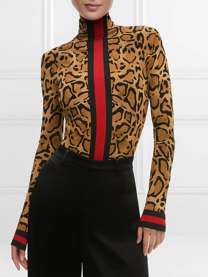 Leopard Contrast Color Skinny Long Sleeves High Neck T-Shirts Tops